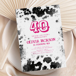 Chic Rustic Cow Skriv ut Shock rosa 40:e födelseda Inbjudningar