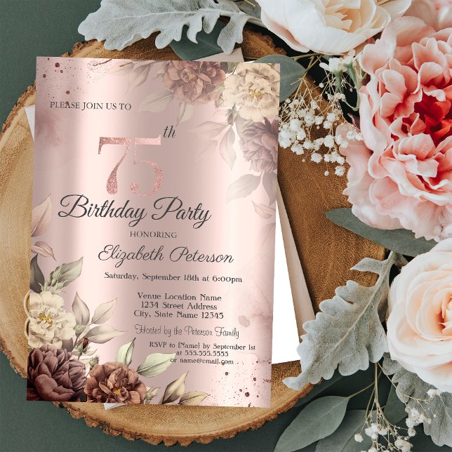 Chic Rustic Flowers Ro Guld 75:e Inbjudningar (Skapare uppladdad)
