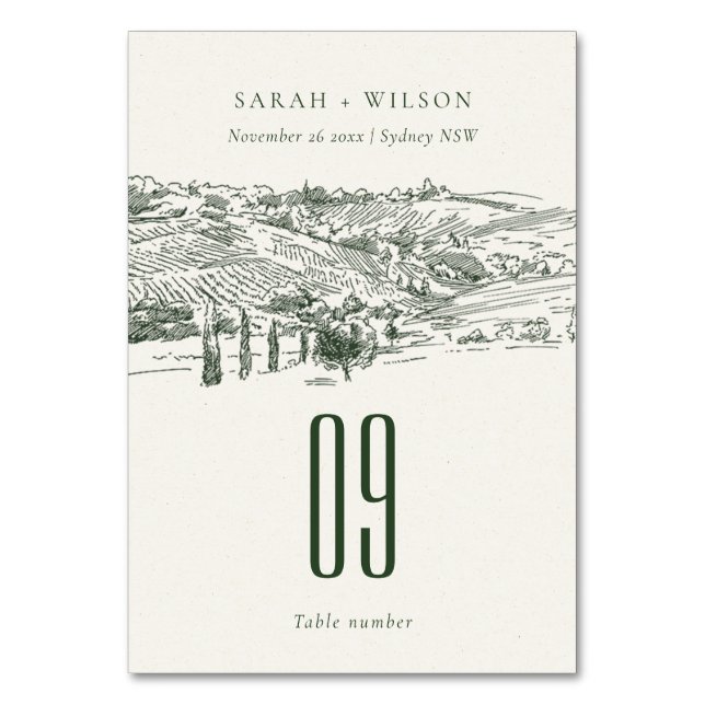 Chic Rustic Grönt Winery Mountain Sketch Bröllop Bordsnummer (Framsidan)