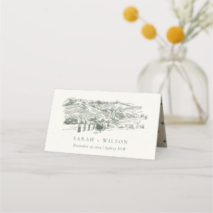 Chic Rustic Grönt Winery Mountain Sketch Bröllop Placeringskort