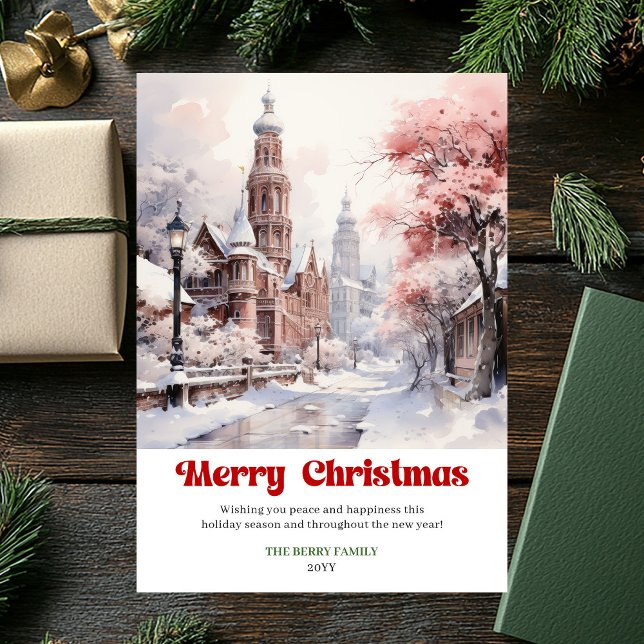 Chic rustic holiday scene minimalist pink city julkort (Chic rustic holiday scene minimalist pink city)