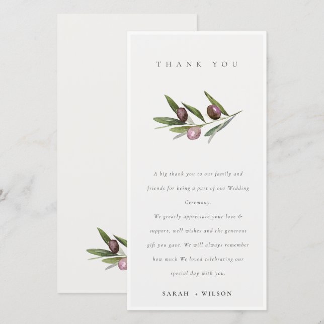 Chic Rustic Minimal Olive Gren Foliage Bröllop Tack Kort (Fram/baksida)