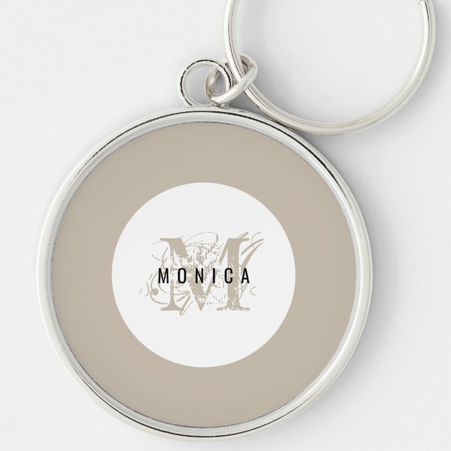 Chic Rustic Modern Beige Monogram Rund Silverfärgad Nyckelring (Framsidan)