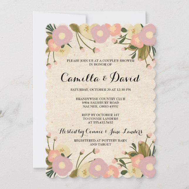 Chic Rustic Watercolor Blommigt Canvas - skiss Inbjudningar (Framsida)