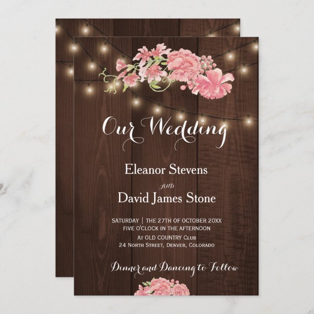 Chic Rustik ljus  peonies lada bröllop Inbjudningar (Fram/baksida)