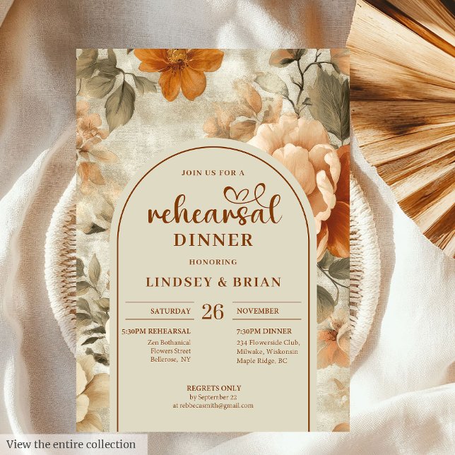 Chic Rusty Beige Olive Floral Rehearsal Invitation Inbjudningar (Chic Rusty Beige Olive Floral Rehearsal Invitation)