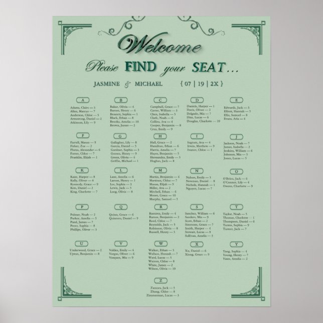 Chic Sage Eucalyptus Green Wedding Seating Chart   Poster (Framsidan)
