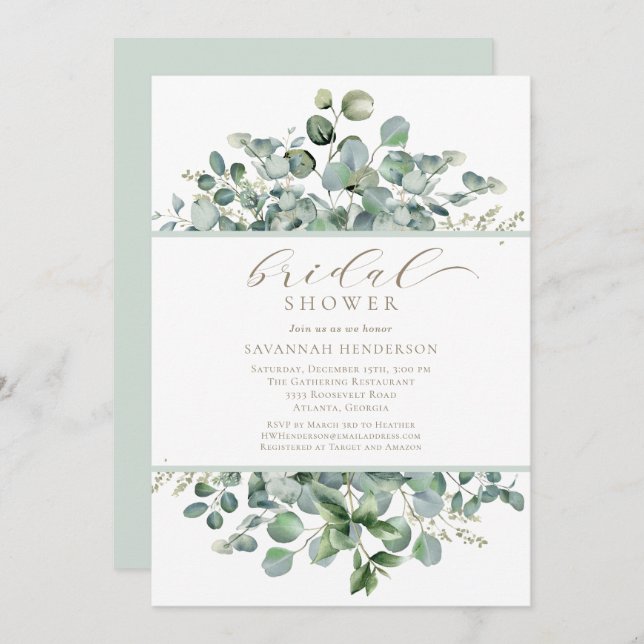 Chic Sage Green Floral Bridal Shower Editable Inbjudningar (Fram/baksida)