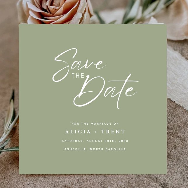 Chic Sage Green & White Calligraphy Save the Date Inbjudningar (Skapare uppladdad)