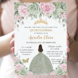 Chic Sage Grönt Baby Rosa Blommigt Guld Quinceañer Inbjudningar