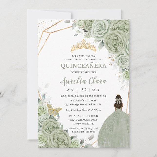 Chic Sage Grönt Blommigt Brown Princess Quinceañer Inbjudningar (Framsida)