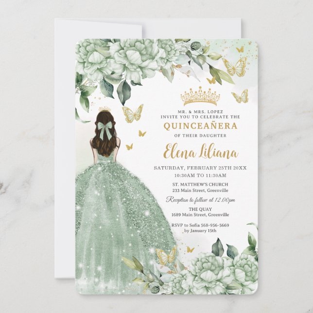 Chic Sage Grönt Blommigt Butterflies Quinceañera Inbjudningar (Framsida)