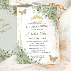 Chic Sage Grönt Blommigt Butterflies Quinceañera Inbjudningar