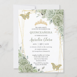 Chic Sage Grönt Blommigt Butterflies Quinceañera Inbjudningar