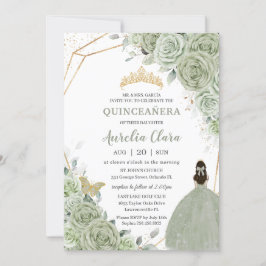 Chic Sage Grönt Blommigt Princess Guld Quinceañera Inbjudningar