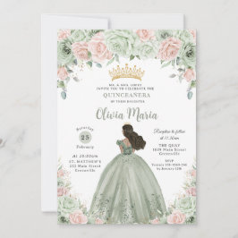 Chic Sage Grönt Blommigt Princess Quinceañera Inbjudningar