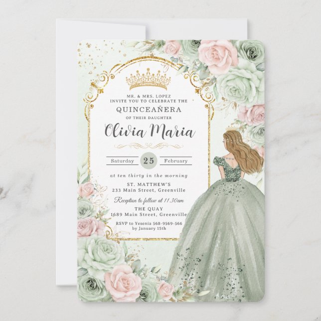 Chic Sage Grönt  Blommigt Princess Quinceañera Inbjudningar (Framsida)