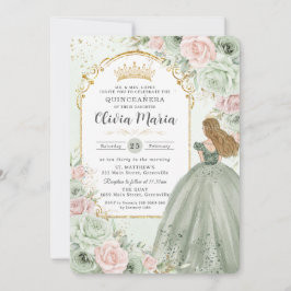 Chic Sage Grönt Blommigt Princess Quinceañera Inbjudningar