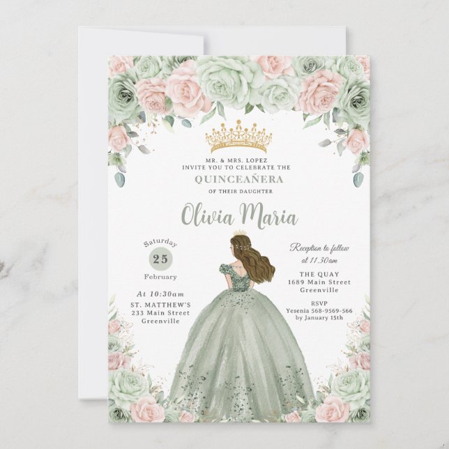 Chic Sage Grönt  Blommigt Princess Quinceañera Inbjudningar (Framsida)
