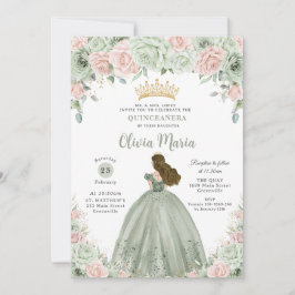 Chic Sage Grönt Blommigt Princess Quinceañera Inbjudningar
