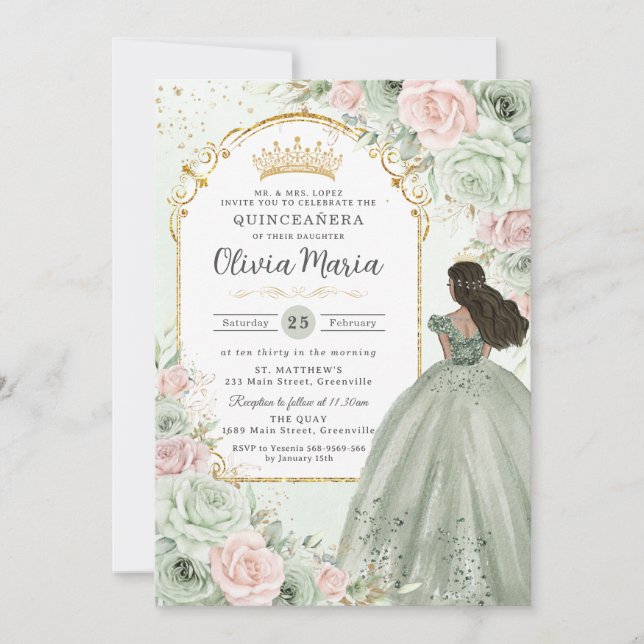 Chic Sage Grönt  Blommigt Princess Quinceañera Inbjudningar (Framsida)