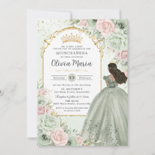 Chic Sage Grönt Blommigt Princess Quinceañera Inbjudningar