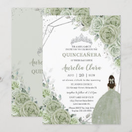 Chic Sage Grönt Blommigt Princess Silver Quinceañe Inbjudningar