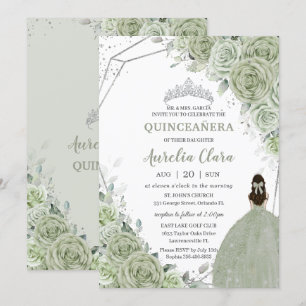 Chic Sage Grönt Blommigt Princess Silver Quinceañe Inbjudningar