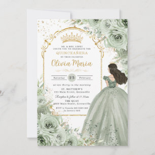 Chic Sage Grönt Blommigt Ro Princess Quinceañera Inbjudningar
