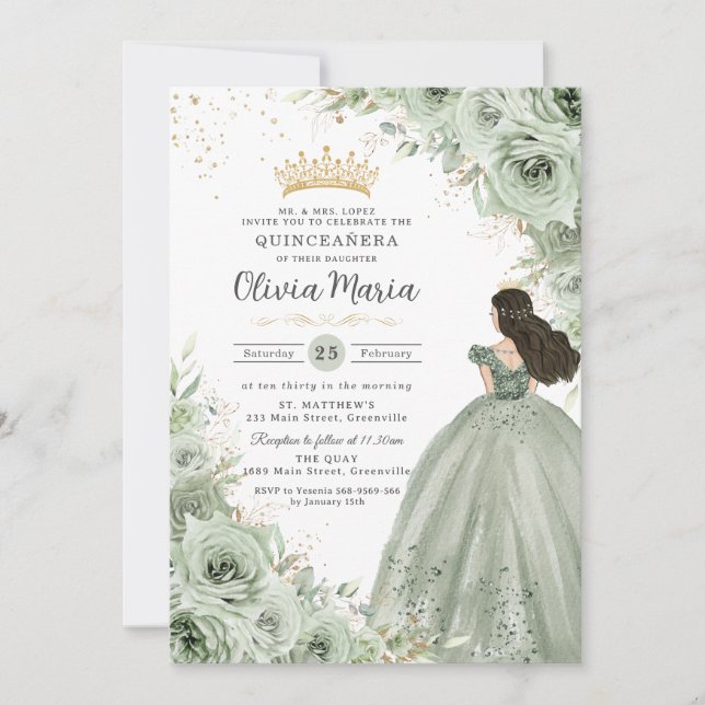 Chic Sage Grönt Blommigt Ro Princess Quinceañera Inbjudningar (Framsida)