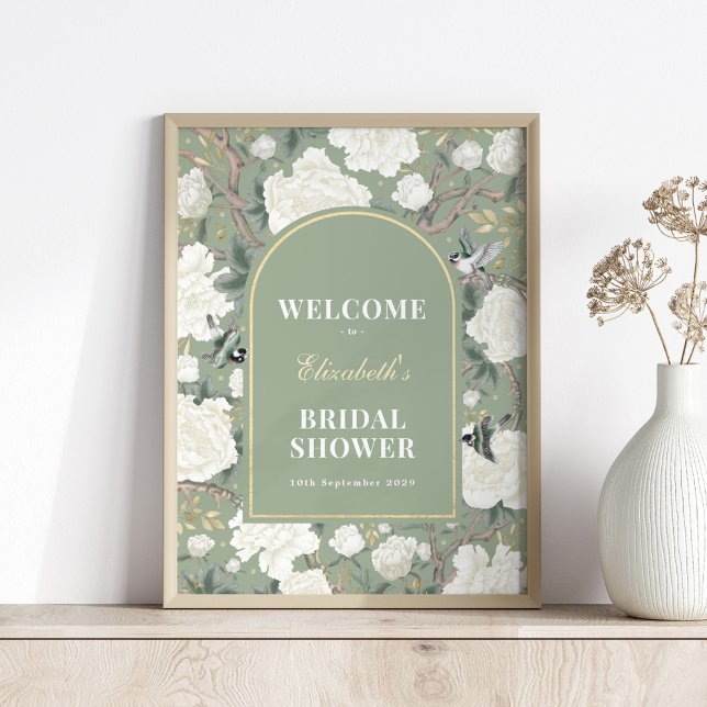 Chic Sage Grönt Chinoiserie Möhippa Välkommen Poster (Skapare uppladdad)