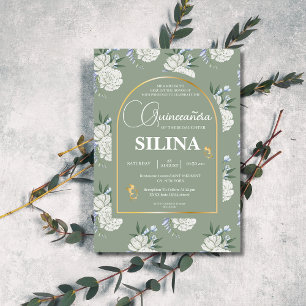 Chic Sage Grönt Guld Arch Butterflies Quinceañera Inbjudningar