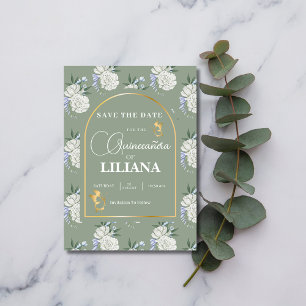 Chic Sage Grönt Guld Arch Butterflies Quinceañera Spara Datumet