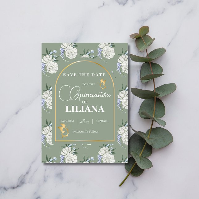 Chic Sage Grönt Guld Arch Butterflies Quinceañera Spara Datumet (Skapare uppladdad)