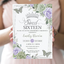 Chic Sage Grönt Lila Blommigt Butterflies Sweet 16