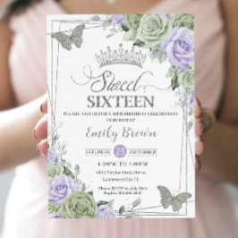 Chic Sage Grönt Lila Blommigt Butterflies Sweet 16 Inbjudningar