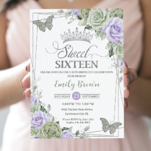 Chic Sage Grönt Lila Blommigt Butterflies Sweet 16 Inbjudningar
