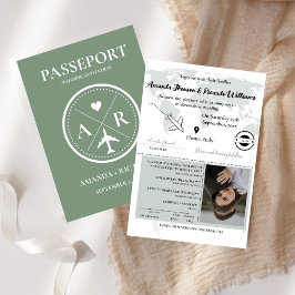 Chic Sage Grönt Passport Fotobröllopsinbjudan Inbjudan