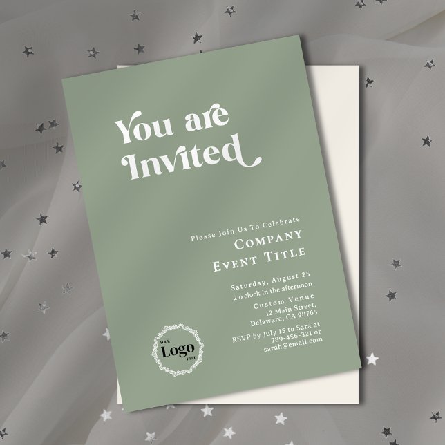Chic Sage Grönt Script Typografi Du är inbjuden Inbjudningar (Property Photo Background Typography Open House Invitation)