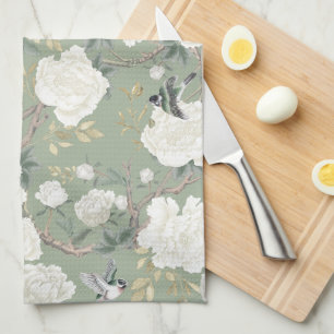 Chic Sage Grönt White Chinoiserie Blommigt Porcela Kökshandduk