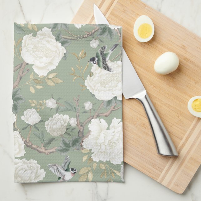 Chic Sage Grönt White Chinoiserie Blommigt Porcela Kökshandduk (Vikt i Fjärdedel)