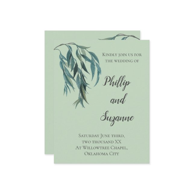Chic Sage Grönt Willow Gren Minimal Bröllop Inbjudningar (Fram/Back In Situ)
