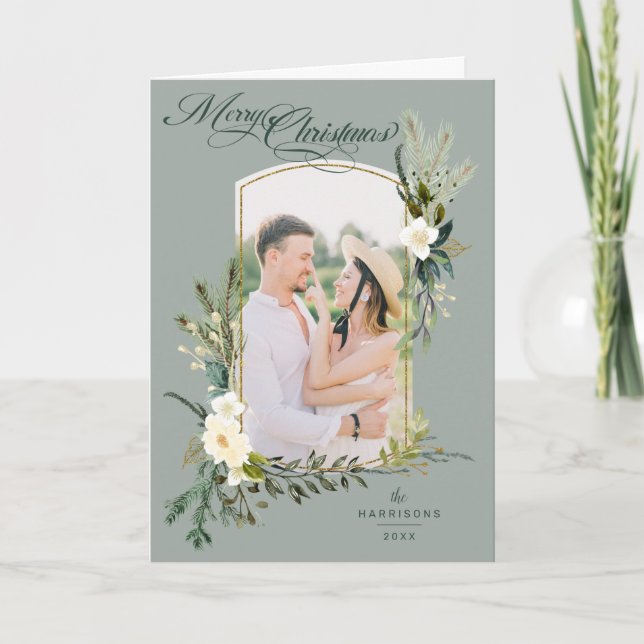 Chic Sage jul botaniskt med Guld-bågfoto Helgkort (Framsida)