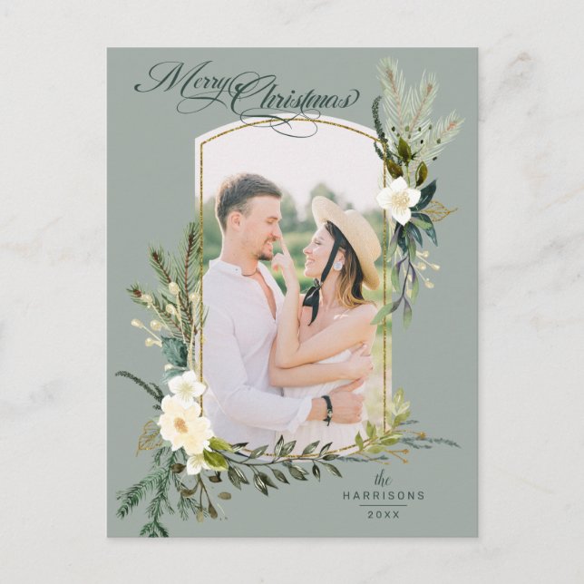 Chic Sage jul botaniskt med Guld-bågfoto Vykort (Framsida)