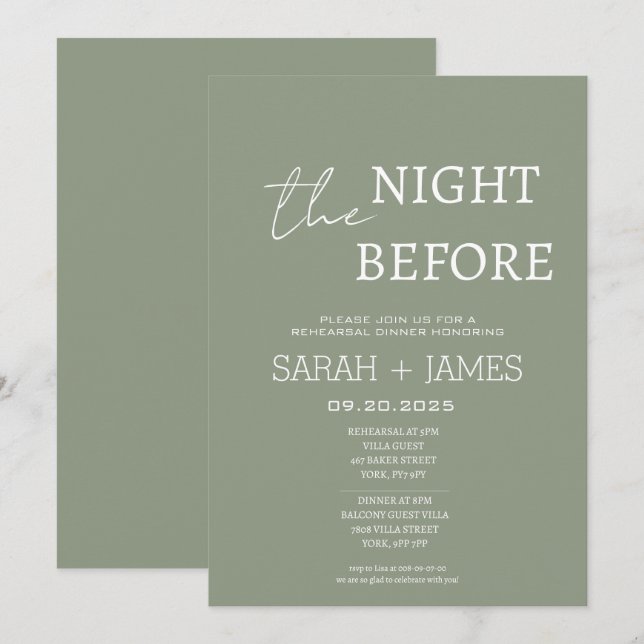 Chic Sagegrön kvällen före Rehearsal Dinner  Inbjudningar (Fram/baksida)
