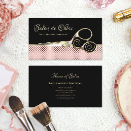 Chic Salon Rosa och svart Polka dots Guld-sax Visitkort