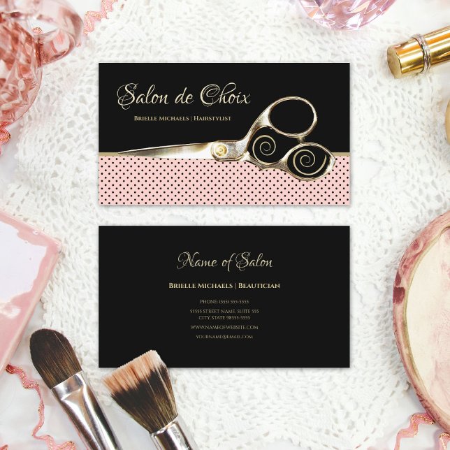 Chic Salon Rosa och svart Polka dots Guld-sax Visitkort (Chic Salon Pink and Black Polka Dots Gold Scissors Business Cards)