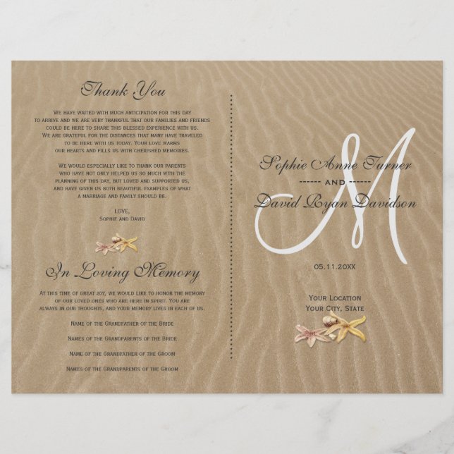 Chic Sand och Starfish Beach Wedding Program (Framsidan)