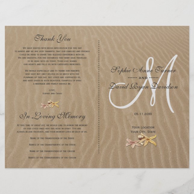 Chic Sand och Starfish Beach Wedding Program (Framsidan)