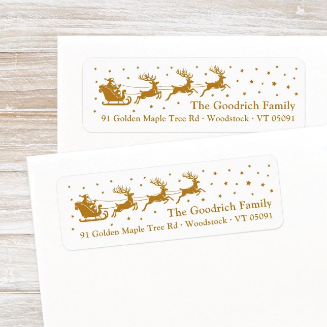 Chic Santa's Sleigh Guld Jul Returadress Returadress Etikett (Festive, antique gold Santa's reindeer sleigh in a starry sky Christmas return address label.)